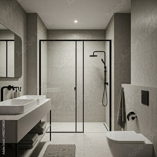 A sleek and modern bathroom with a double sink vanity, a walk-in shower with black fixtures, and a minimalist design. The room features gray tiles and a neutral color palette.


