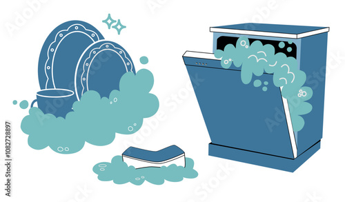 An illustration of washing dishes in the outline style. Plates and cups in foam, a sponge with detergent and a dishwasher.
