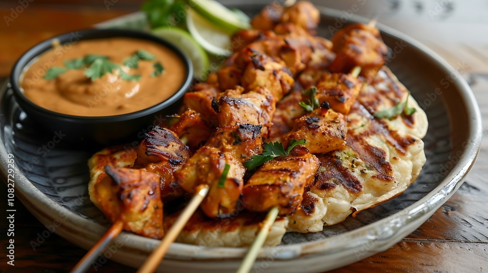 Rice pancakes are served with a heavy peanut dip and chicken tikka satay Rice pancakes are served with a heavy peanut dip and chicken tikka satay
