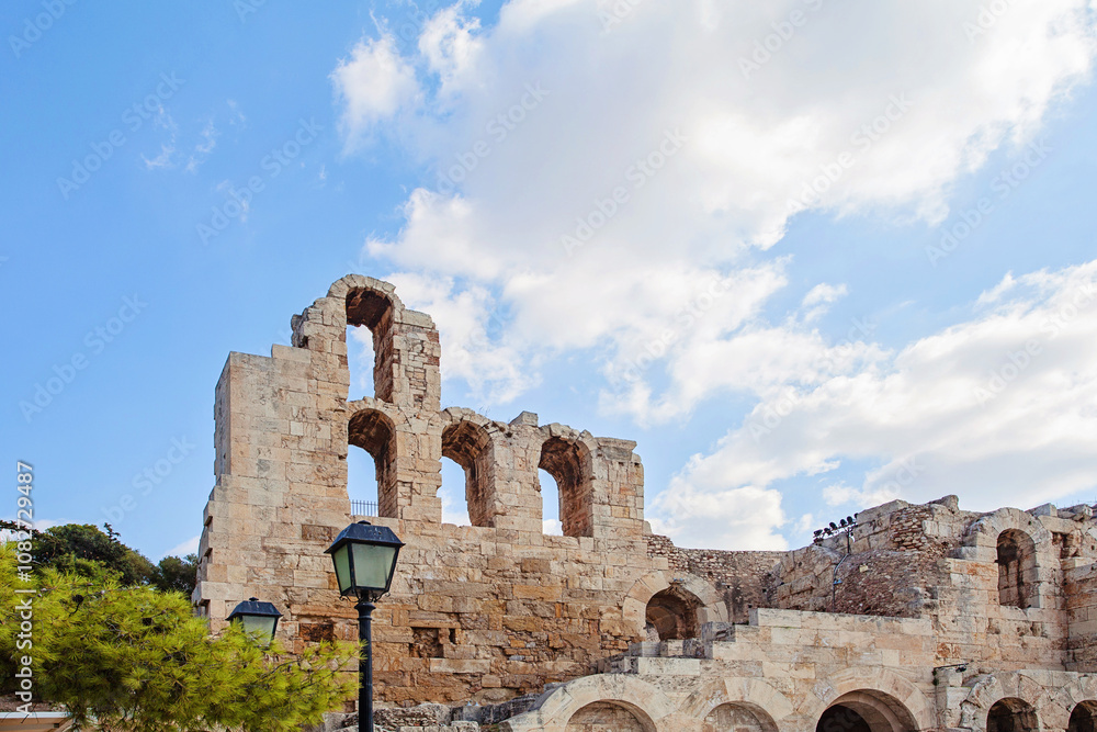 Naklejka premium Ancient architecture. Archaeology wall of The Theatre of Dionysus in the Acropolis in Athens, Greece