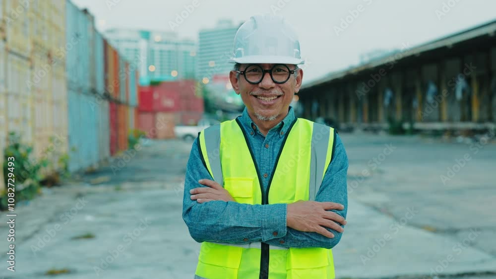 Portrait of Construction Supervisor Stands Confidently at a Cargo Yard During Late Afternoon, Wearing Safety Gear and Overseeing Operations for a Project. Portrait of Construction Supervisor Stands Confidently at a Cargo Yard During Late Afternoon, Wearing Safety Gear and Overseeing Operations for a Project.