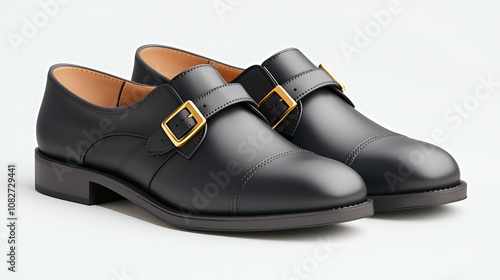 Pair of classic black leather monk strap shoes with gold buckles on a white background. photo