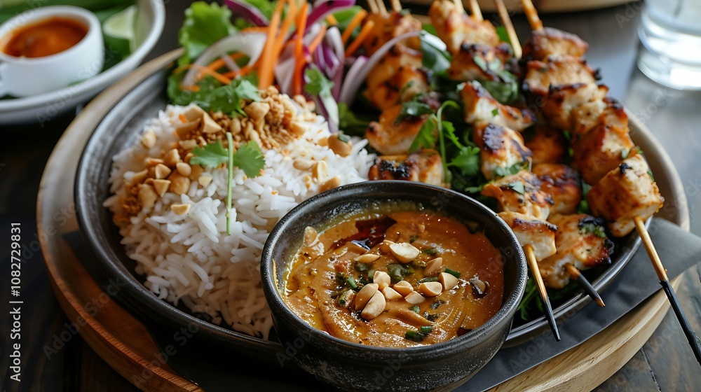 Rice pancakes are served with a heavy peanut dip and chicken tikka satay Rice pancakes are served with a heavy peanut dip and chicken tikka satay