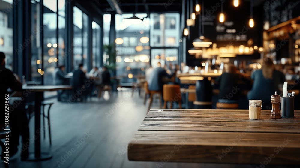 Contemporary coffee shop interior with a focus on a wooden table and blurred background, featuring people seated, warm lighting, and large windows overlooking an urban setting. Contemporary coffee shop interior with a focus on a wooden table and blurred background, featuring people seated, warm lighting, and large windows overlooking an urban setting.