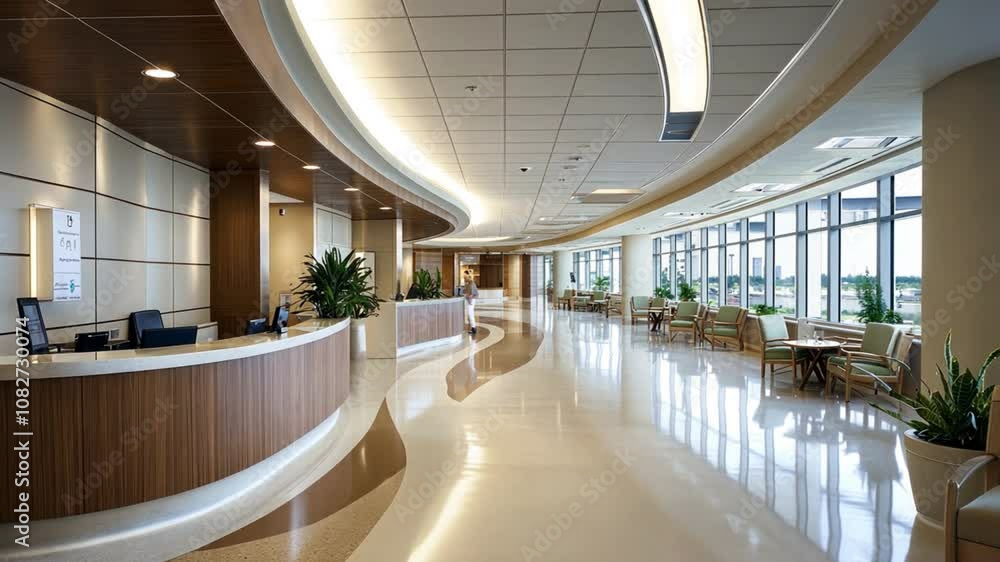 Hospital corridor design with sleek lighting, wide walkways, and modern furniture Hospital corridor design with sleek lighting, wide walkways, and modern furniture