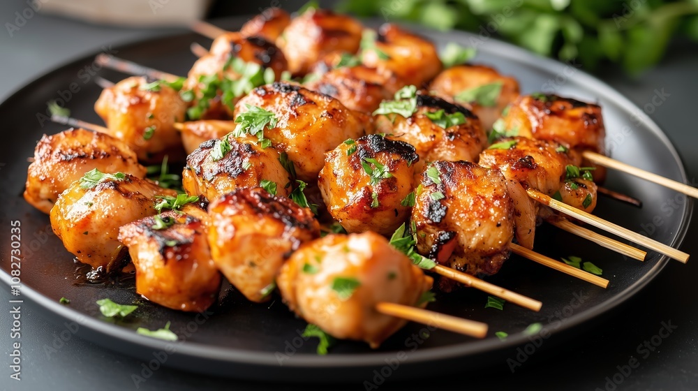 Grilled chicken skewers with a side of parsley are ready to eat Grilled chicken skewers with a side of parsley are ready to eat