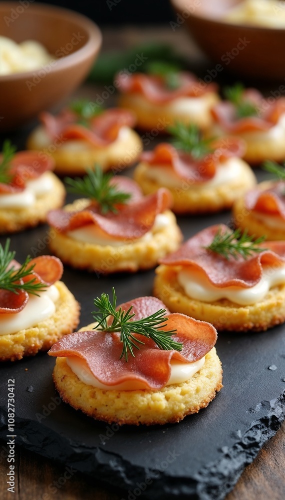 Elegant cheese and ham canapés garnished with herbs on a slate platter, perfect for parties Elegant cheese and ham canapés garnished with herbs on a slate platter, perfect for parties