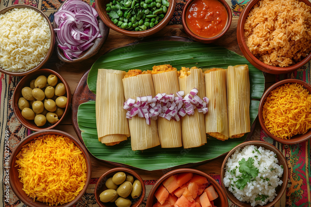 A traditional dish of tamales wrapped in leaves, surrounded by olives, green beans, red onion slices, and risograph rice.