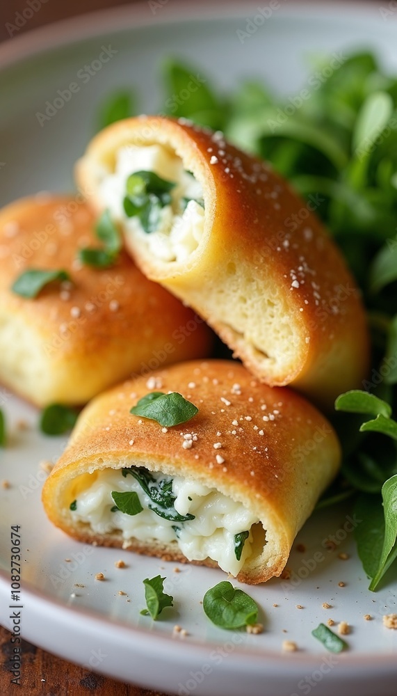 Fluffy stuffed flatbreads with cheese and greens on a rustic plate with fresh herbs Fluffy stuffed flatbreads with cheese and greens on a rustic plate with fresh herbs