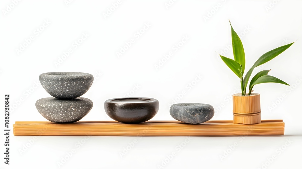 A minimalist arrangement featuring smooth stones and a small plant on a wooden base evokes tranquility and nature. A minimalist arrangement featuring smooth stones and a small plant on a wooden base evokes tranquility and nature.