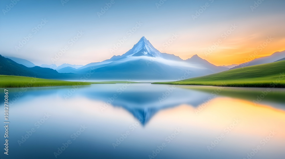 Naklejka premium Majestic Alpine Glow Sunset Reflective Mountain Lake Serene Nature Scenery High Resolution Wallpaper Background