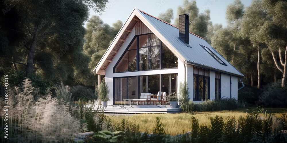 Modern Scandinavian-style house with a sleek A-frame design, large glass windows, a minimalist patio, and surrounded by dense forest greenery. Modern Scandinavian-style house with a sleek A-frame design, large glass windows, a minimalist patio, and surrounded by dense forest greenery.