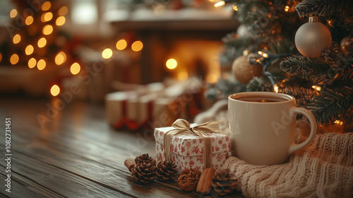 A close-up of colleagues enjoying warm drinks and chatting near a Christmas tree, with gifts stacked underneath and soft lighting creating a warm, cozy vibe