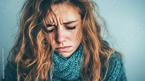 A young woman with curly hair appears distressed or contemplative in a cozy setting.