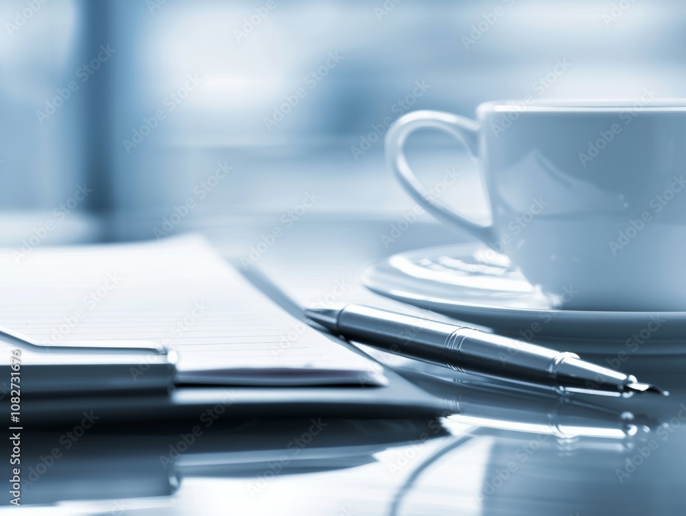 White coffee cup sits on a table next to a pen and a piece of paper White coffee cup sits on a table next to a pen and a piece of paper