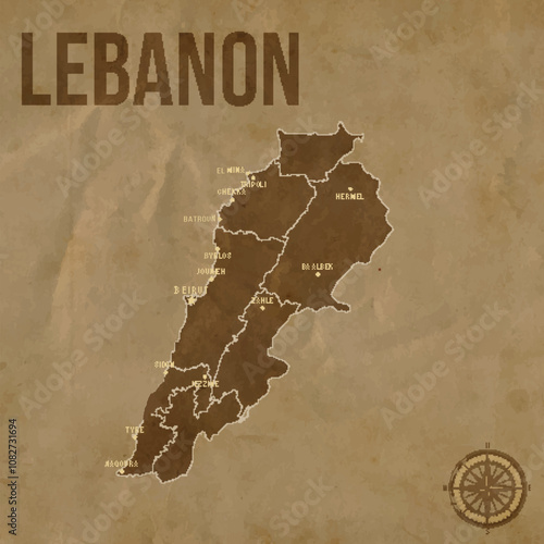 Vintage LEBANON Map with Regions Borders and Major Cities Positions