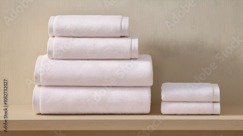 Serene Stacked Towels in Pastel Shades - Minimalist Organization on Light Wood Shelves Bathed in Natural Light