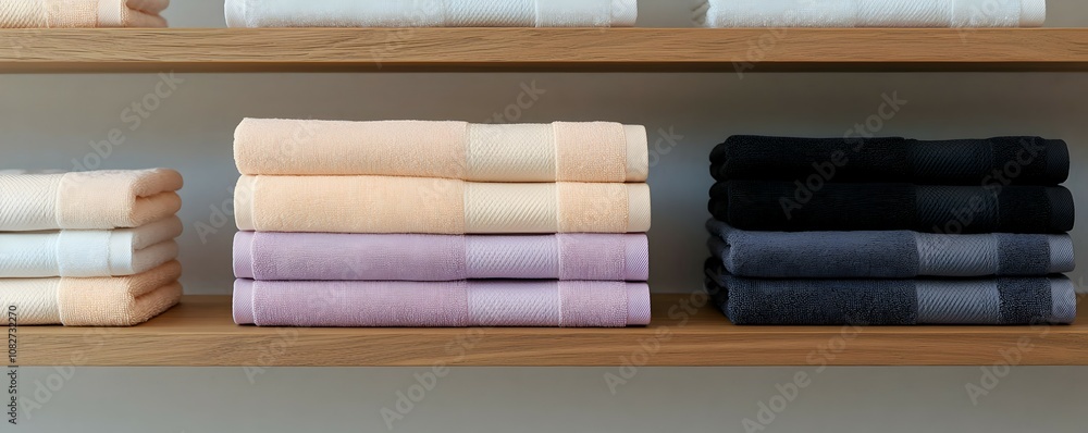 Elegant Stacked Towels in Pastel Hues - Minimalist Spa-Style Organization with Warm Natural Lighting on Wooden Shelves for a Serene Atmosphere Elegant Stacked Towels in Pastel Hues - Minimalist Spa-Style Organization with Warm Natural Lighting on Wooden Shelves for a Serene Atmosphere