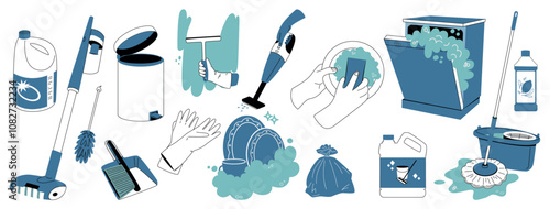 A set of illustrations of tools and supplies for cleaning. Housekeeping, cleaning service, window and floor cleaning.