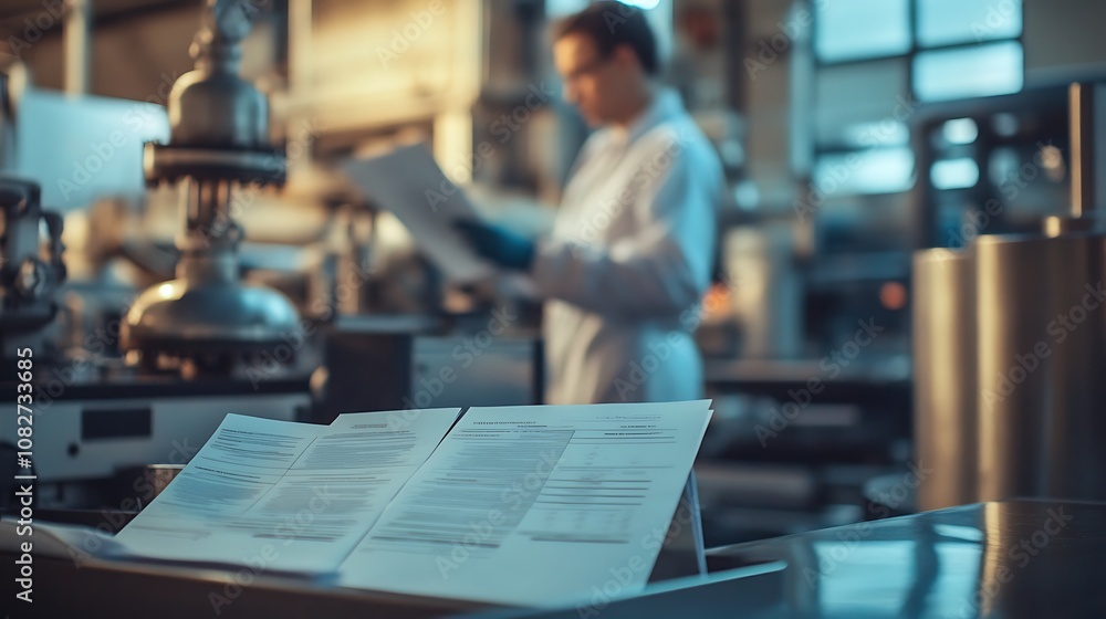 A laboratory scene with a researcher reviewing documents near scientific equipment. A laboratory scene with a researcher reviewing documents near scientific equipment.