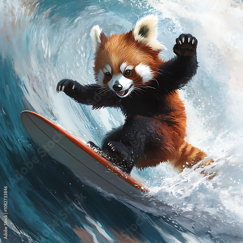 red panda joyfully surfing on wave, showcasing its playful spirit and agility. vibrant colors and dynamic motion capture excitement of ocean photo