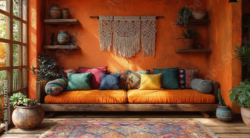A rustic sofa with colorful cushions and patterns, set against an earthy background. The room is adorned with wooden furniture, plants in pots on shelves, and wall art