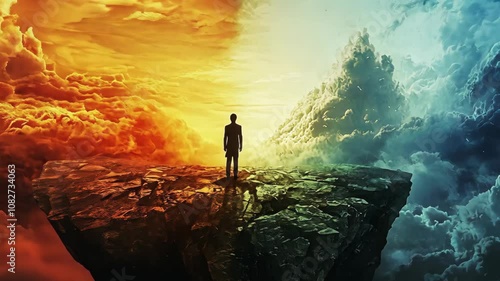 Wallpaper Mural A lone figure stands on a rocky cliff, gazing out at a sky divided between fiery orange clouds and calm blue clouds Torontodigital.ca