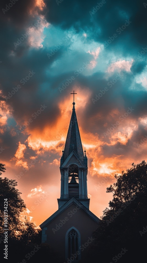 Fototapeta premium Steeple of a charming chapel rises into a colorful sky with dark clouds and glowing sunset hues