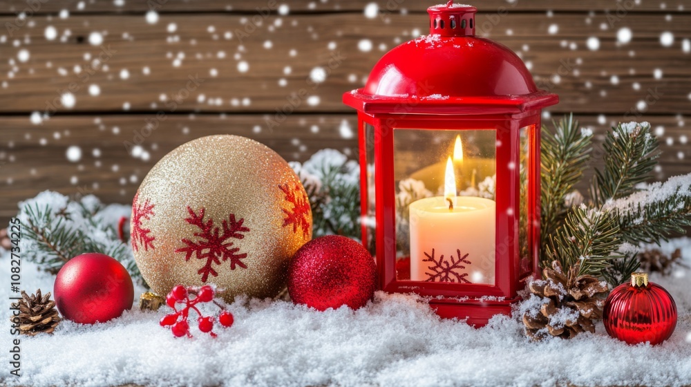 Red Lantern, Christmas Ornaments, and Snow on Wooden Background Red Lantern, Christmas Ornaments, and Snow on Wooden Background