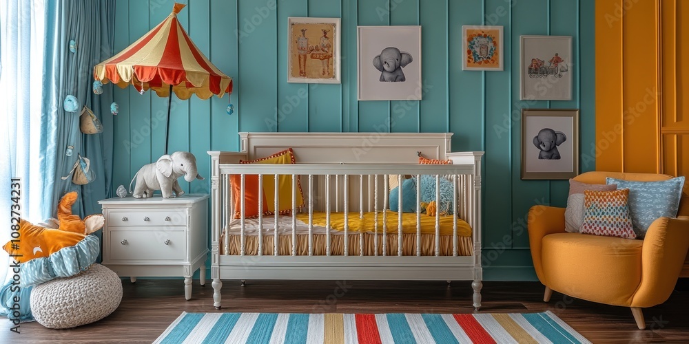A nursery room with a crib, a striped rug, a yellow armchair and a toy elephant. A nursery room with a crib, a striped rug, a yellow armchair and a toy elephant.