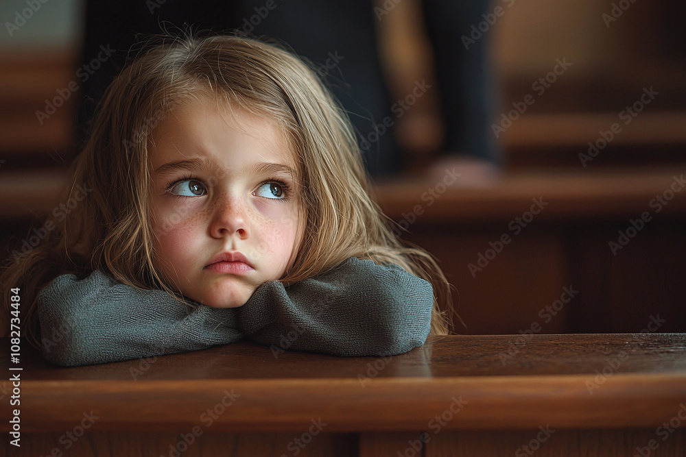 Child's emotional state in a tense courtroom scene, legal professionals, domestic issues. Child's emotional state in a tense courtroom scene, legal professionals, domestic issues.