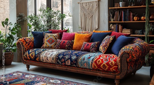 A rustic sofa with multicolored cushions and an intricate embroidered pattern, paired with wooden legs and a colorful rug in the living room. 