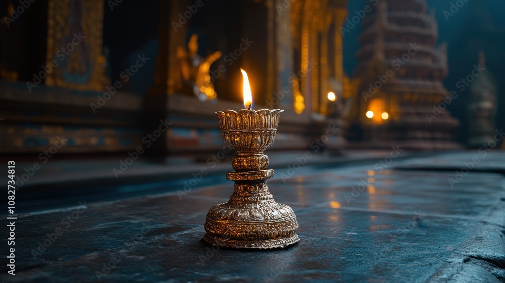 A tall temple candle holder with detailed metalwork stands lit, enhancing the tranquil ambiance A tall temple candle holder with detailed metalwork stands lit, enhancing the tranquil ambiance