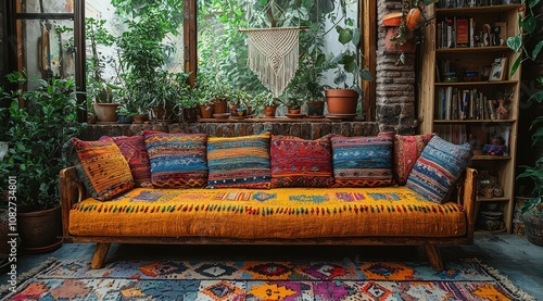 A rustic sofa with multicolored cushions and an intricate embroidered pattern, paired with wooden legs and a colorful rug in the living room.