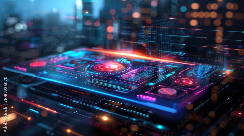 Futuristic technology interface with glowing lights and circuit board patterns. Futuristic technology interface with glowing lights and circuit board patterns.