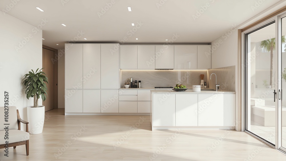 Serene and Minimalist Open-Concept Kitchen with Sleek White Cabinetry Serene and Minimalist Open-Concept Kitchen with Sleek White Cabinetry