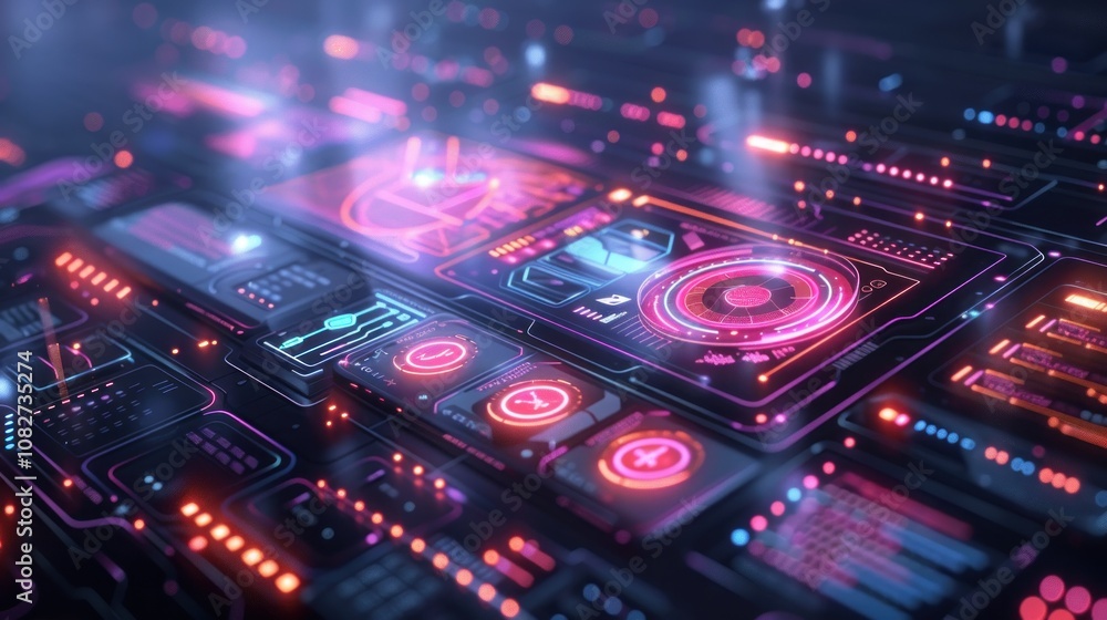 Futuristic digital interface with glowing neon lights and interactive buttons, creating a visually stimulating and modern technology backdrop. Futuristic digital interface with glowing neon lights and interactive buttons, creating a visually stimulating and modern technology backdrop.