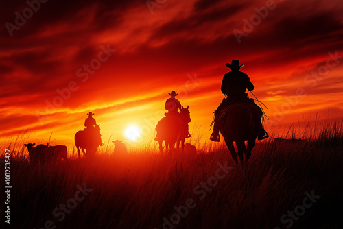 Dramatic silhouettes of cowboys riding into the sunset on a vast prairie