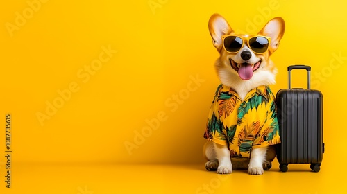 A corgi dog wearing sunglasses and a hawaiian shirt sits next to a suitcase, ready to go on vacation. photo