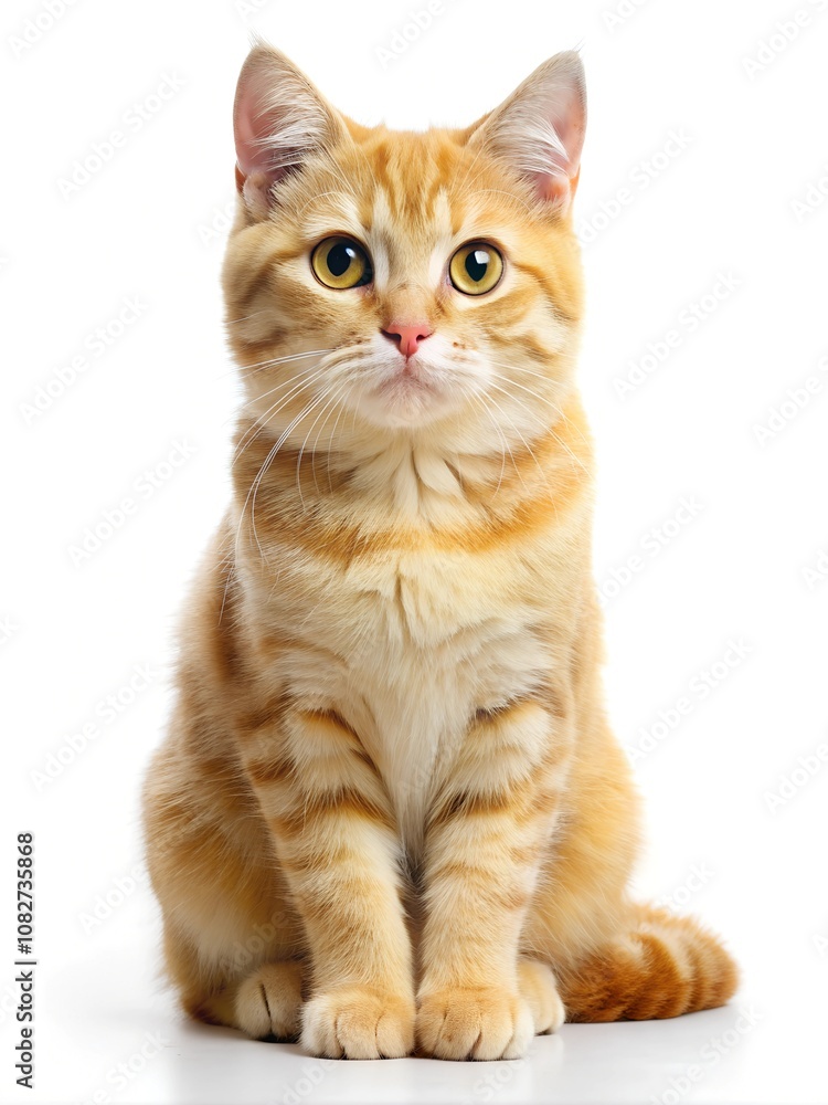 Cute Ginger Tabby Cat Sitting. Close-up of a young ginger tabby cat sitting and looking forward with alert expression, against a plain white background
Cute Ginger Tabby Cat Sitting. Close-up of a young ginger tabby cat sitting and looking forward with alert expression, against a plain white background