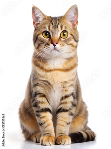 Adorable Tabby Cat with Striking Eyes. Close-up portrait of a beautiful tabby cat with vivid yellow eyes, sitting calmly against a white background