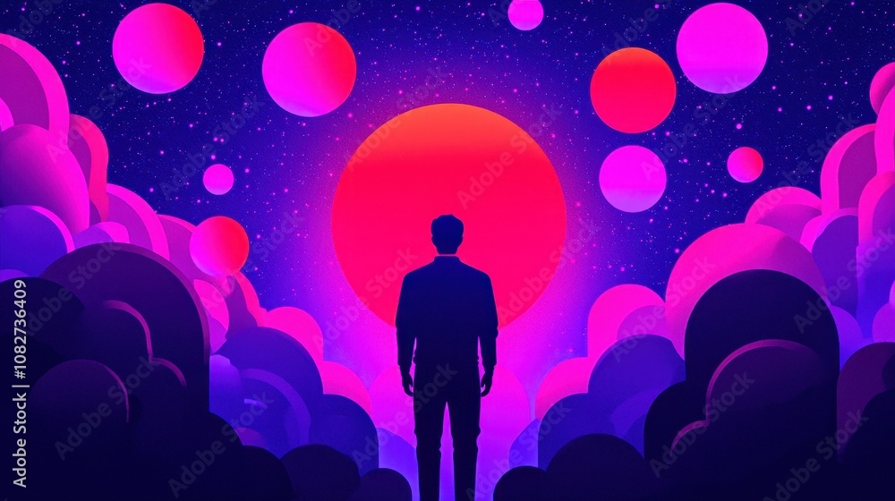 A silhouette of a person gazing at a vibrant, abstract sunset with colorful shapes and clouds. A silhouette of a person gazing at a vibrant, abstract sunset with colorful shapes and clouds.