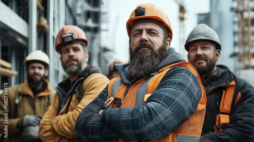 Group of construction workers wearing safety equipment and hard hats at a building site. They are standing confidently with buildings and cranes in the background.