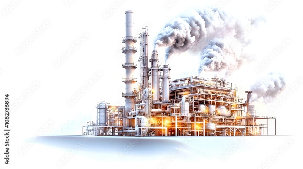 An industrial plant emitting smoke and steam with bright lights, isolated on a white background. An industrial plant emitting smoke and steam with bright lights, isolated on a white background.