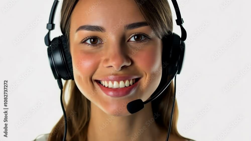 Young woman with headset smiling at the camera in a well-lit workspace, representing customer service during daytime