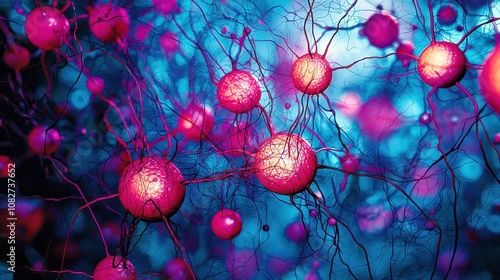 Neurons and synapses illuminated in vibrant colors, showcasing the beauty of neuroscience and brain connectivity. photo