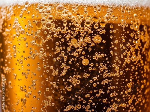 Close-up of frothy bubbles on the surface of a freshly poured pint of beer, refreshing, liquid, bubbles