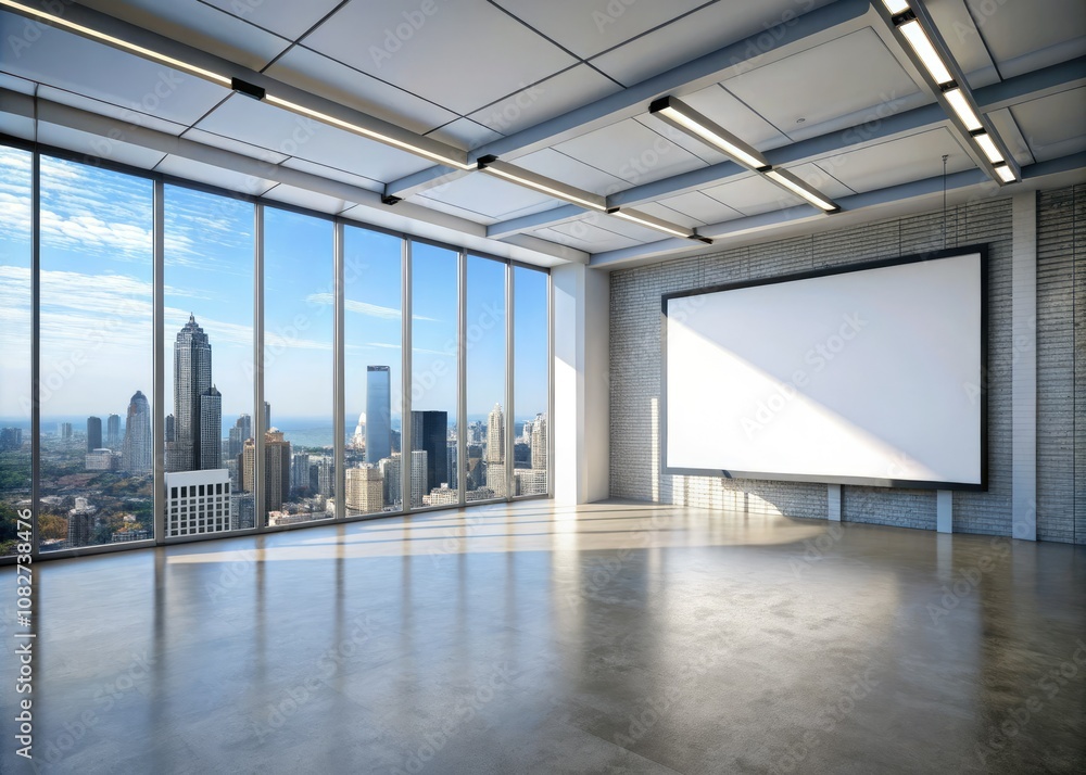 Versatile Empty Demo Space with White Screen and City View for Interactive Learning or Film Studio Potential Versatile Empty Demo Space with White Screen and City View for Interactive Learning or Film Studio Potential
