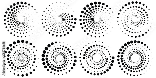 Halftone round elements, twisters, halftone circular textures with dots, circle halftone tornado