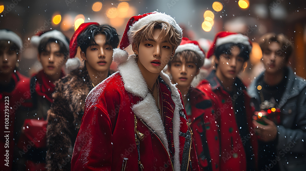 Festive asian kpop idols boys band group in Santa hats celebrating a winter xmas wonderland Festive asian kpop idols boys band group in Santa hats celebrating a winter xmas wonderland